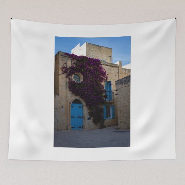 Item preview, Mediterranean Stone Building With Blue Door and Purple Bougainvillea Climbing Rustic Facade designed and sold by Nmallia.