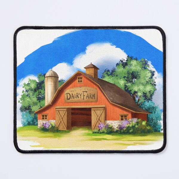 Item preview, Red dairy barn stands under blue sky with clouds, surrounded by green trees and grass in a rural area designed and sold by Ms. Iryna.