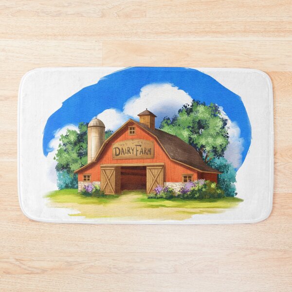 Item preview, Red dairy barn stands under blue sky with clouds, surrounded by green trees and grass in a rural area designed and sold by Ms. Iryna.