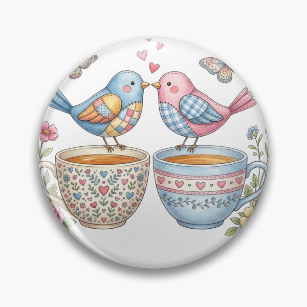 Item preview, Cute Patchwork Lovebirds on Tea Cups Watercolor Art designed and sold by sanorastyle.