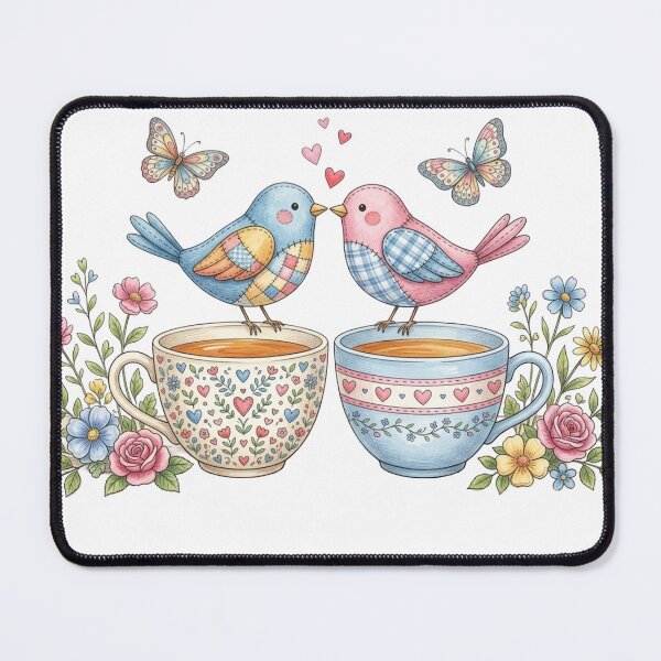 Item preview, Cute Patchwork Lovebirds on Tea Cups Watercolor Art designed and sold by sanorastyle.