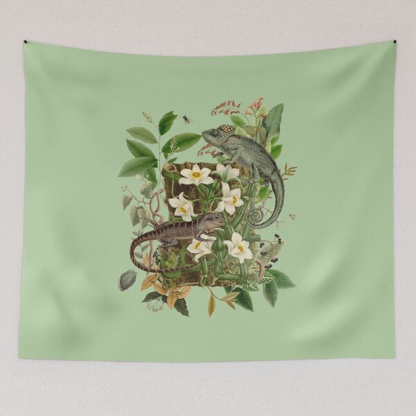 Item preview, Exotic Lizards with Blooming Flowers Tropical Nature Illustration  designed and sold by CanisArt.