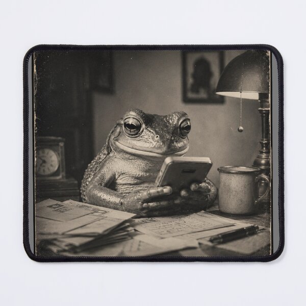 Item preview, Vintage Frog Doomscrolling Art Print | Retro Amphibian With Smartphone | Sepia Cottagecore Animal Photography designed and sold by HOUSE OF TIST.