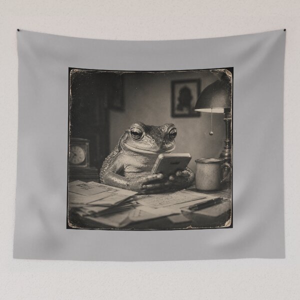 Item preview, Vintage Frog Doomscrolling Art Print | Retro Amphibian With Smartphone | Sepia Cottagecore Animal Photography designed and sold by HOUSE OF TIST.