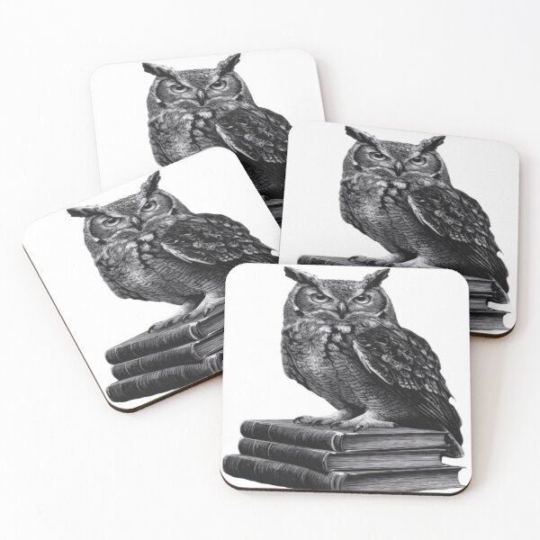 Item preview, Wise Owl on Books – Vintage Black & White Knowledge Illustration designed and sold by Lifehackerplus1.