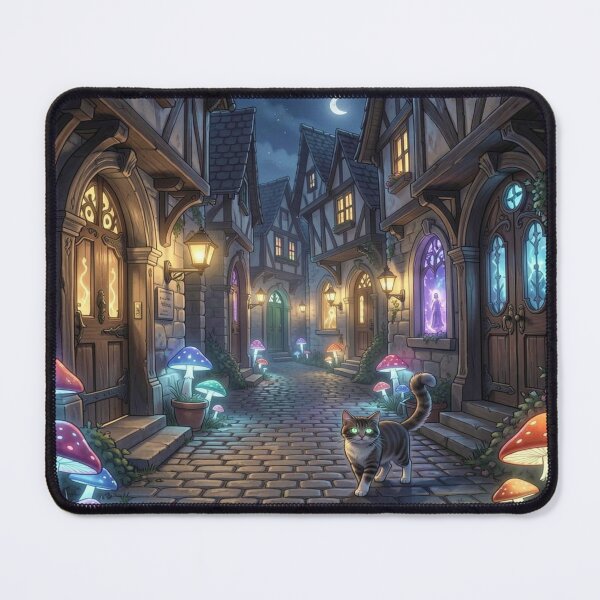 Item preview, Magical cobblestone street with glowing doors and bioluminescent mushrooms in fairytale style designed and sold by FotoworldEdel.