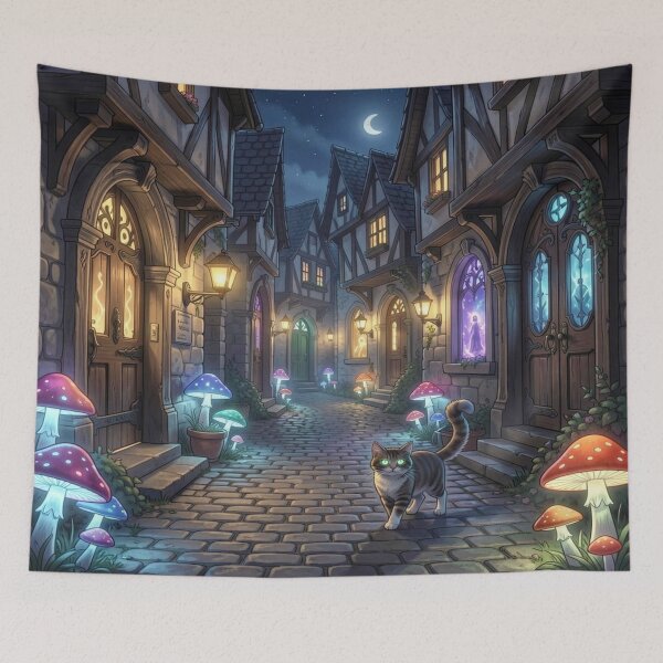 Item preview, Magical cobblestone street with glowing doors and bioluminescent mushrooms in fairytale style designed and sold by FotoworldEdel.