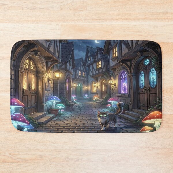 Item preview, Magical cobblestone street with glowing doors and bioluminescent mushrooms in fairytale style designed and sold by FotoworldEdel.