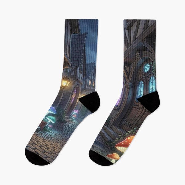 Item preview, Magical cobblestone street with glowing doors and bioluminescent mushrooms in fairytale style designed and sold by FotoworldEdel.