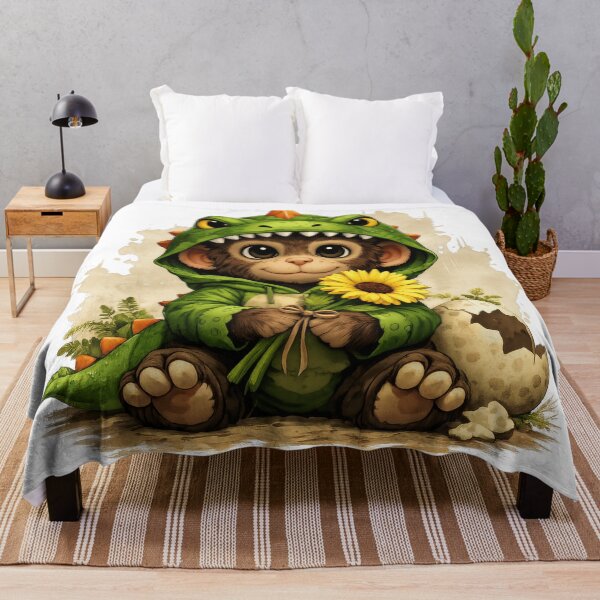 Item preview, Cute Baby Monkey in Dinosaur Costume Holding Sunflower | Kawaii animal illustration designed and sold by Daagath.