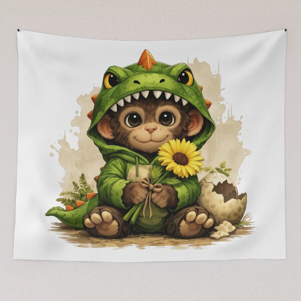 Item preview, Cute Baby Monkey in Dinosaur Costume Holding Sunflower | Kawaii animal illustration designed and sold by Daagath.