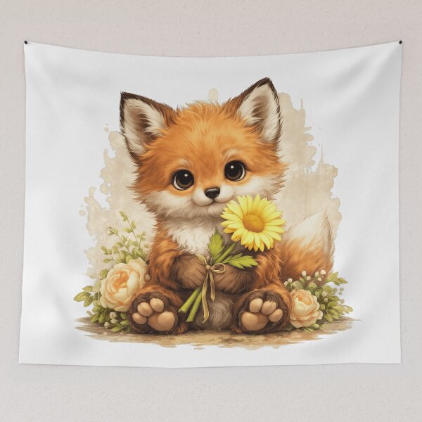 Artikelvorschau, Cute Baby Fox Holding Sunflower | Kawaii Woodland Animal Illustration entworfen und verkauft von Daagath.