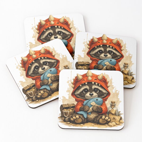 Item preview, Cute Raccoon in Dinosaur Costume with Fish | Kawaii Pirate Animal Illustration designed and sold by Daagath.