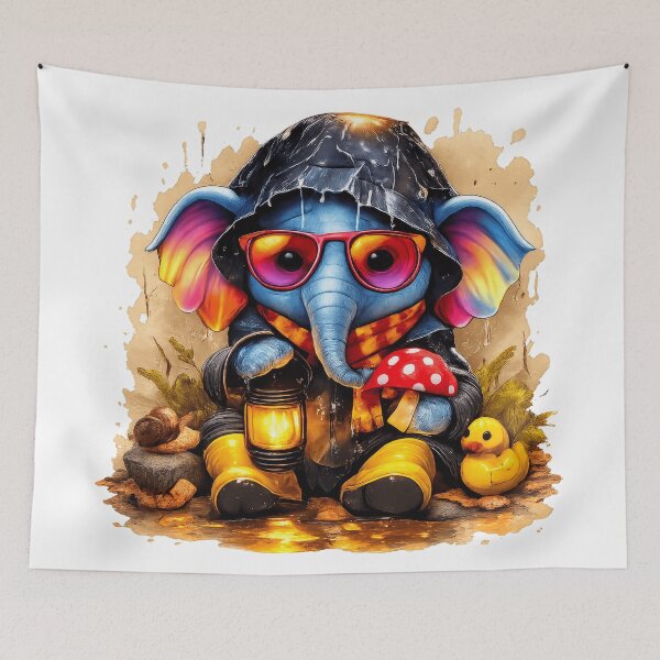 Artikelvorschau, Cute Elephant in Raincoat with Lantern | Kawaii Animal Illustration entworfen und verkauft von Daagath.