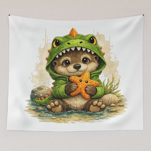 Artikelvorschau, Cute Otter in Dinosaur Costume with Starfish | Kawaii Ocean Animal Illustration entworfen und verkauft von Daagath.
