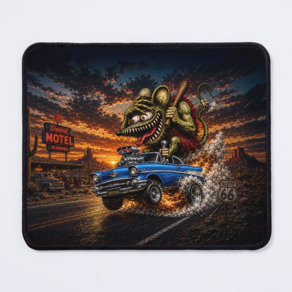 Item preview, Monster Rat Blue Bel Air Route 66 Hot Rod Desert Sunset Cartoon Car Art designed and sold by artistwill.