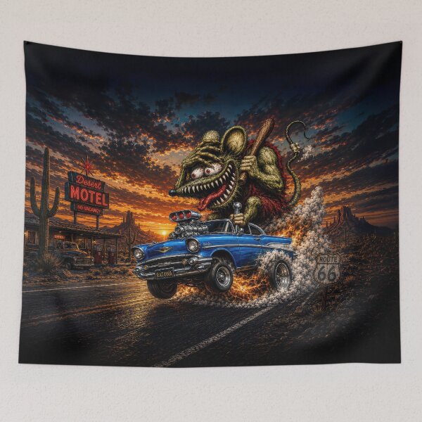Item preview, Monster Rat Blue Bel Air Route 66 Hot Rod Desert Sunset Cartoon Car Art designed and sold by artistwill.