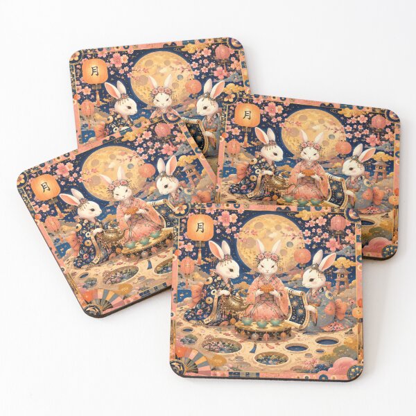 Item preview, Tea Ceremony on the Moon - Jade Rabbits, Mid-Autumn Festival, Poetic Asian Art, Magical Night, Kimono and Sakura designed and sold by Natalia-Vlad.