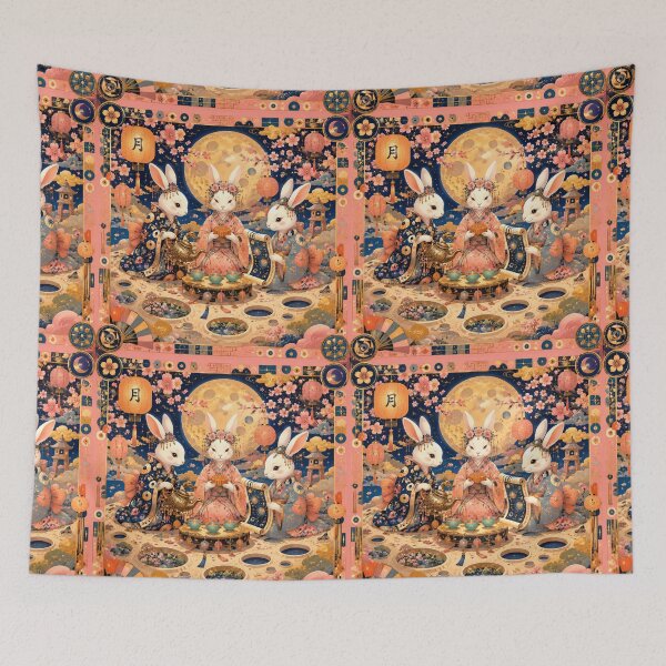 Item preview, Tea Ceremony on the Moon - Jade Rabbits, Mid-Autumn Festival, Poetic Asian Art, Magical Night, Kimono and Sakura designed and sold by Natalia-Vlad.