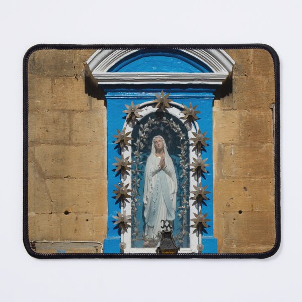 Item preview, Blue Shrine Niche With Virgin Mary Statue On Historic Stone Facade And Lantern designed and sold by Nmallia.