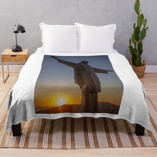 Item preview, Bronze Christ Statue With Outstretched Arms At Sunset Over Coastal Hills And Ocean designed and sold by Nmallia.