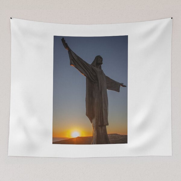 Item preview, Bronze Christ Statue With Outstretched Arms At Sunset Over Coastal Hills And Ocean designed and sold by Nmallia.