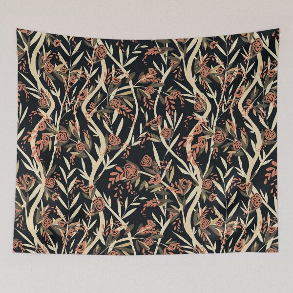 Item preview, French Textured Floral Vine Chintz - Olive Coral Black Peach Cream designed and sold by LoveAlways-AEP.