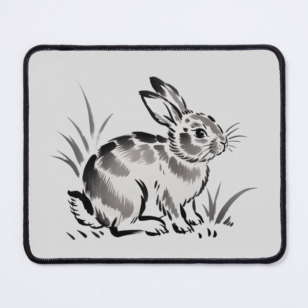 Item preview, A traditional Japanese sumi-e ink painting of a small rabbit rendered in fluid black brushstrokes designed and sold by 123ks.