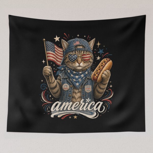 Item preview, Patriotic Cat America Flag Hot Dog Vintage USA Art designed and sold by FormalDehyena.