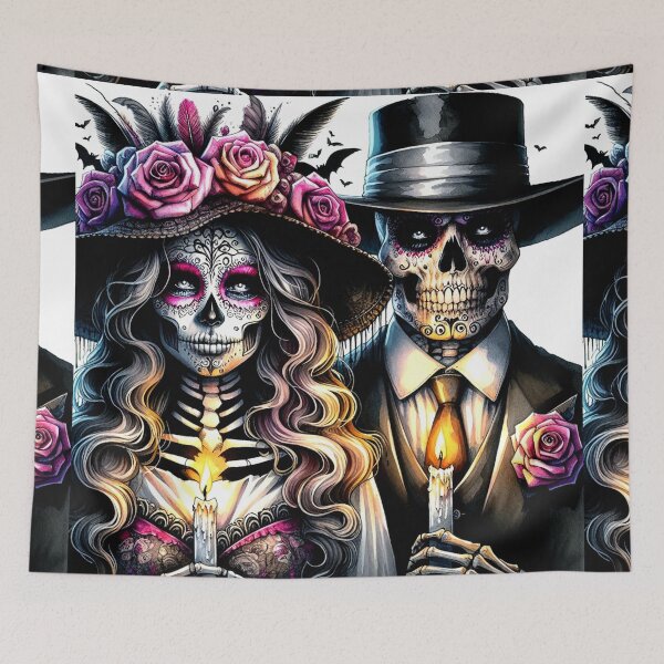 Item preview, Day of the Dead Sugar Skull Couple with Candles — Dia de los Muertos Watercolor Gothic Art designed and sold by Beyond The Canvas.
