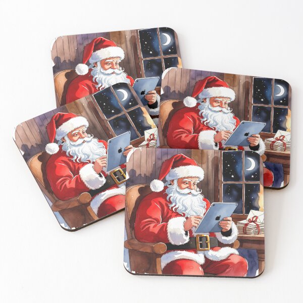 Item preview, Santa Claus with Tablet by Window at Night - Cozy Christmas Watercolor Art designed and sold by Pioneer Spirit Market.