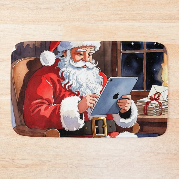 Item preview, Santa Claus with Tablet by Window at Night - Cozy Christmas Watercolor Art designed and sold by Pioneer Spirit Market.