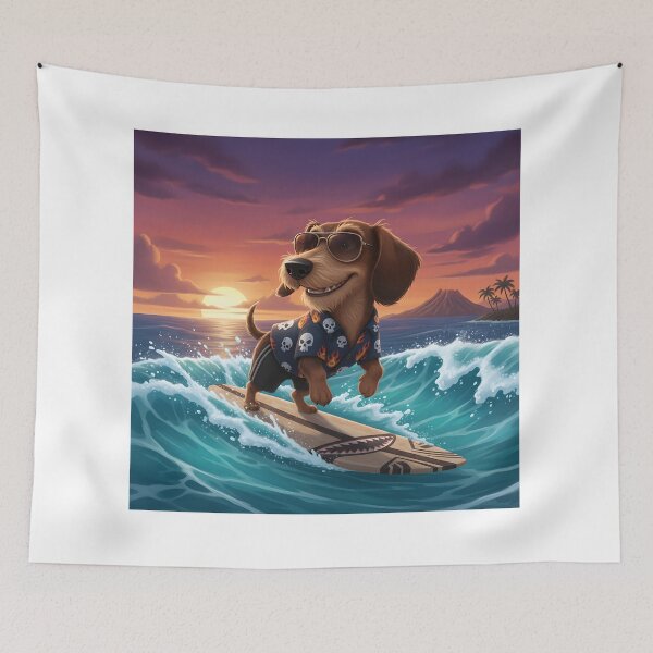 Item preview, An adorable wire-haired dachshund on a surfboard designed and sold by AnnaBellrose.