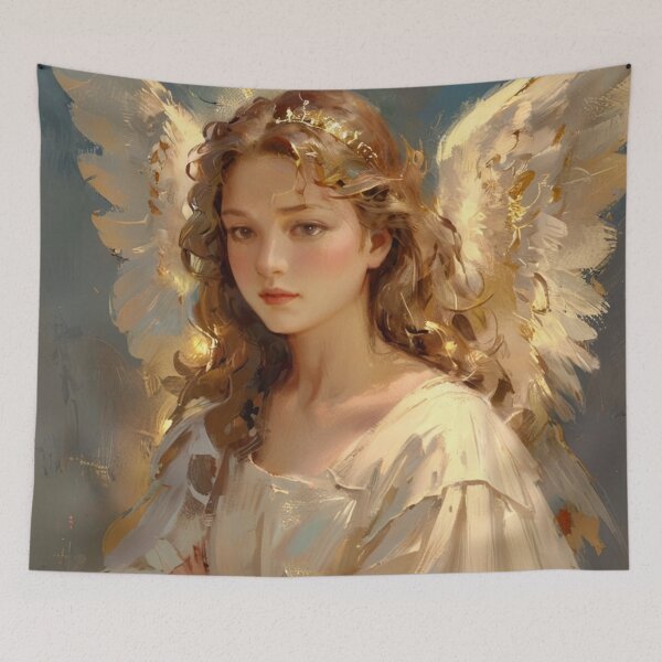 Item preview, Queen of the Angels - Golden Halo Angel Wings Fantasy Art Portrait designed and sold by GenesisArtis.