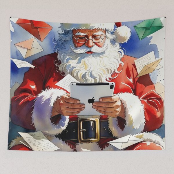 Item preview, Santa Claus at Desk with iPad and Letters - Modern Christmas Watercolor Art designed and sold by Pioneer Spirit Market.