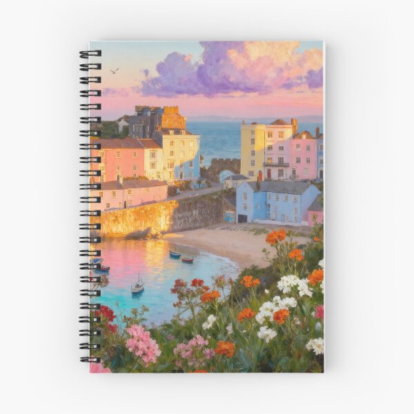 Item preview, Tenby Wales Harbour Print | Pastel Coastal Town Wall Art | Summer Evening Painting designed and sold by QuietCanvasArtworks.