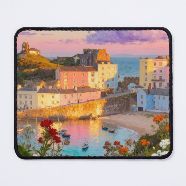 Item preview, Tenby Wales Harbour Print | Pastel Coastal Town Wall Art | Summer Evening Painting designed and sold by QuietCanvasArtworks.