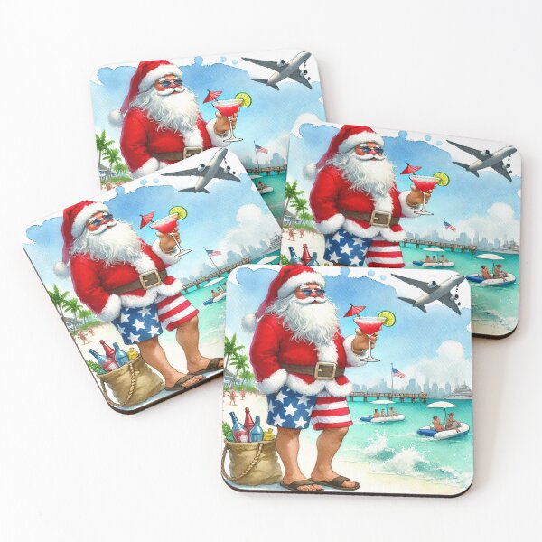 Item preview, Tropical Santa in Bermuda Shorts with Margarita - Funny Christmas Watercolor Art designed and sold by Pioneer Spirit Market.