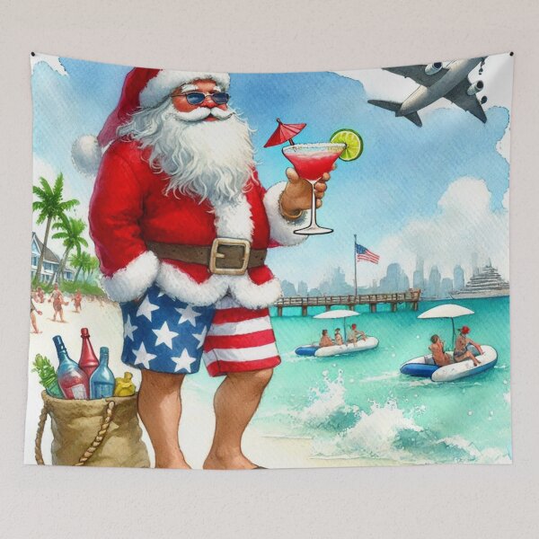 Item preview, Tropical Santa in Bermuda Shorts with Margarita - Funny Christmas Watercolor Art designed and sold by Pioneer Spirit Market.