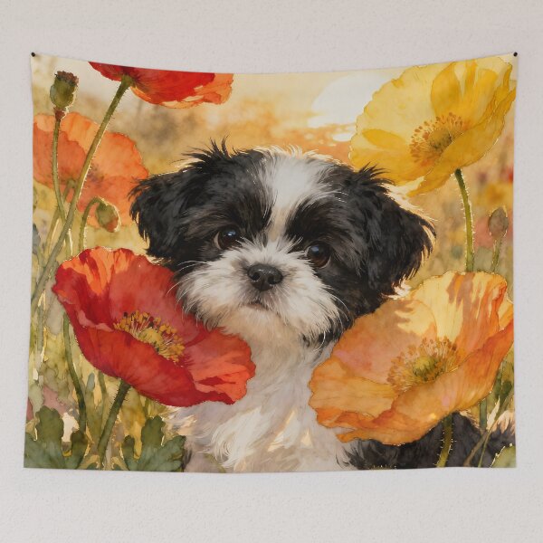Item preview, Shih Tzu Puppy And Poppies designed and sold by Glimmersmith.