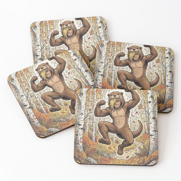 Item preview, Muscular hero in otter suit leaping in autumn forest. Epic illustration. designed and sold by Curiosiart.