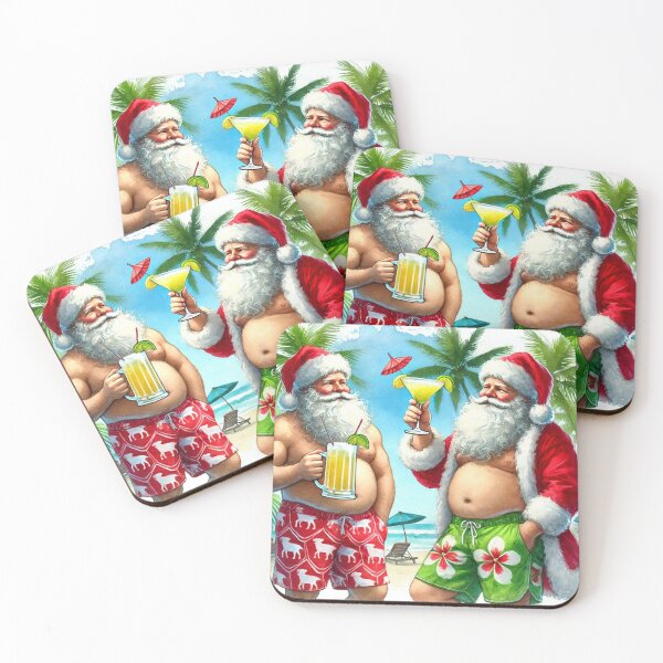 Item preview, Two Tropical Santas on Beach with Drinks - Funny Christmas Watercolor Art designed and sold by Pioneer Spirit Market.