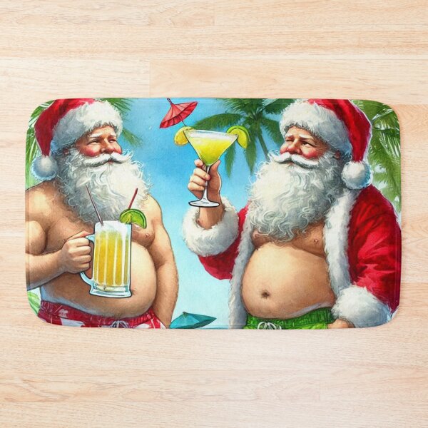 Item preview, Two Tropical Santas on Beach with Drinks - Funny Christmas Watercolor Art designed and sold by Pioneer Spirit Market.