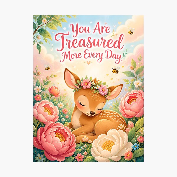 Item preview, You Are Treasured More Every Day Cute Deer Affirmation | Nursery Wall Art | Baby Girl Gift & Woodland Decor designed and sold by LoveNurseries.