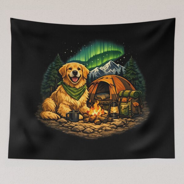 Item preview, Golden Retriever Camping Under Northern Lights Adventure designed and sold by builtforyou.