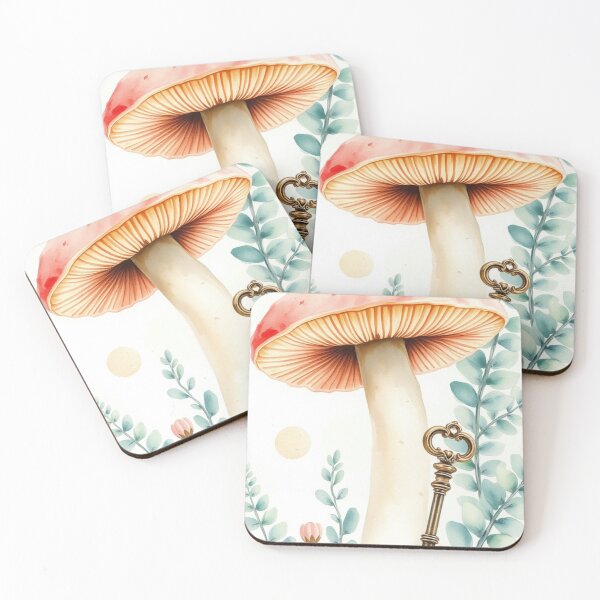 Item preview, Watercolor Mushroom Illustration with Antique Golden Key designed and sold by Vida e Arte.