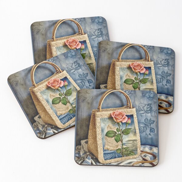 Artikelvorschau, Stillleben mit einer Strohtasche und einer Rose entworfen und verkauft von ©Janis Zroback.