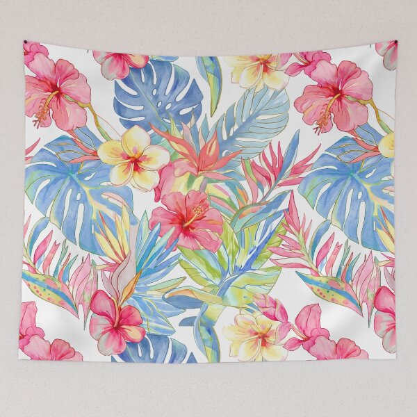 Item preview, Hawaiian Watercolor Floral n Foliage Pink Blue designed and sold by PixDezines.