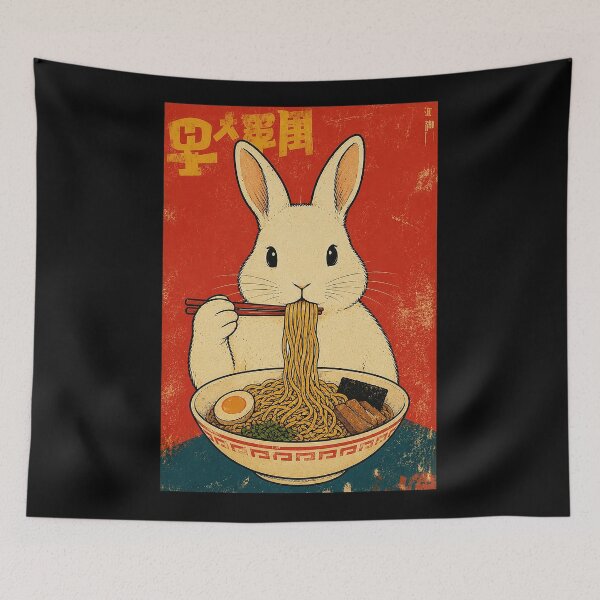 Item preview, Vintage Rabbit Enjoying a Warm Bowl of Ramen Under Retro Japanese Style designed and sold by ferminhays.