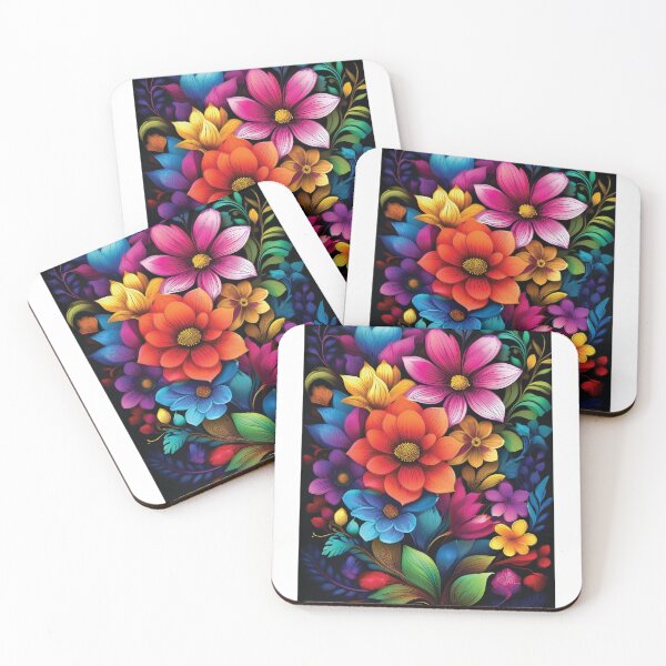 Item preview, 3D Rainbow VINTAGE FLOWERS on black background, multicolor wildflower watercolour garden, colourful bright vivid floral spring painting  designed and sold by navitalidesign.